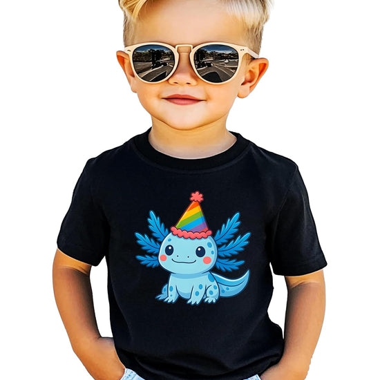 Kawaii axolotl birthday shirt for kids showing cute sea creature with festive party hat