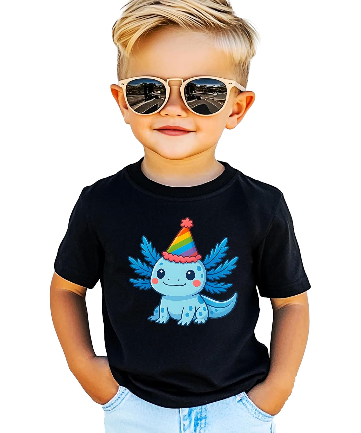 Kawaii axolotl birthday shirt for kids showing cute sea creature with festive party hat