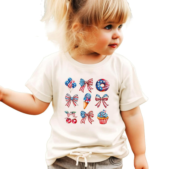 Natural patriotic shirt displayed flat showing full coquette inspired bows and treats design layout