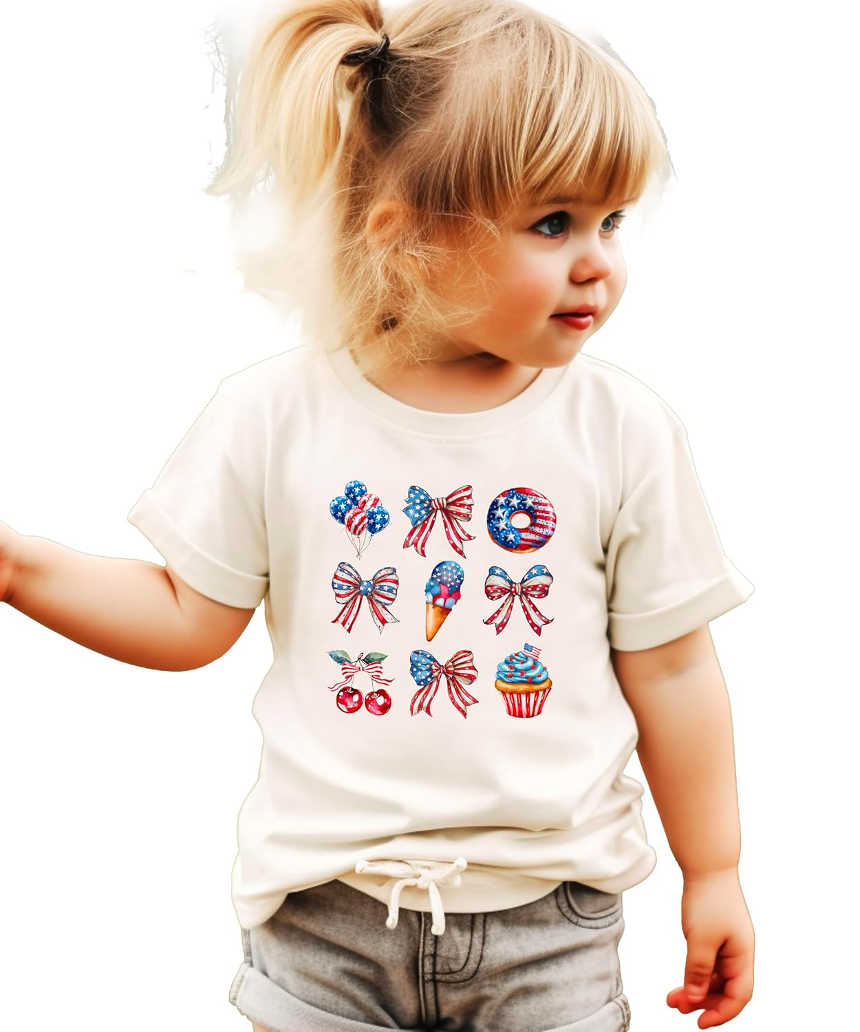 Natural patriotic shirt displayed flat showing full coquette inspired bows and treats design layout