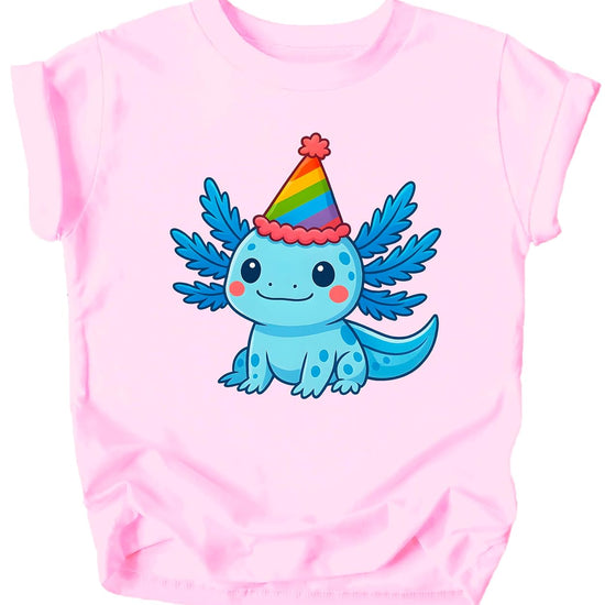 Pink toddler t-shirt featuring adorable axolotl birthday graphic with rainbow party hat