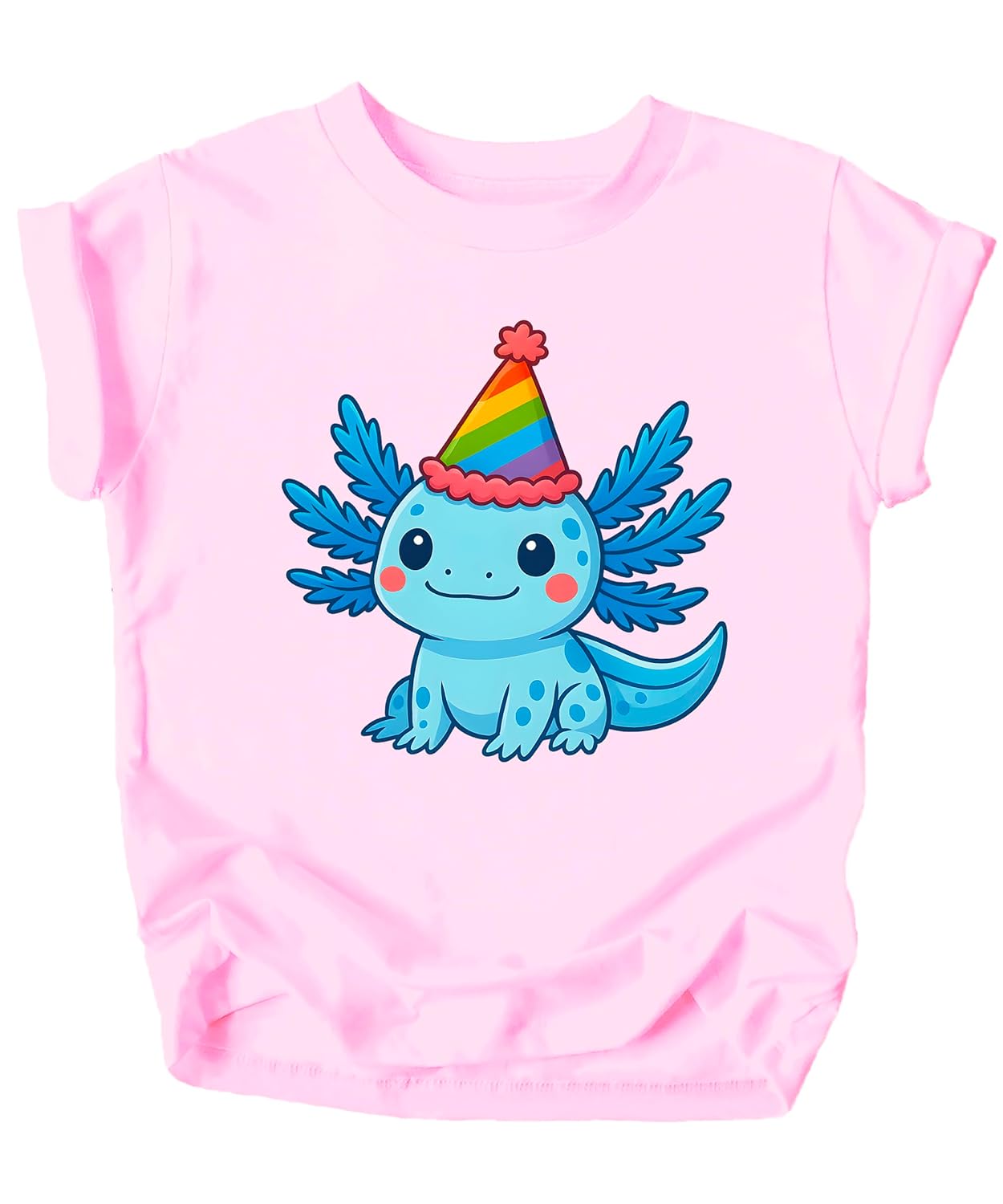 Pink toddler t-shirt featuring adorable axolotl birthday graphic with rainbow party hat