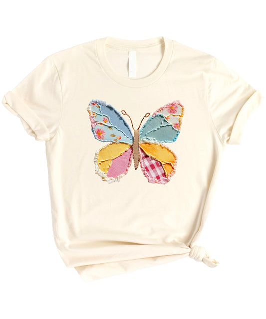 Ink Printed Image NOT a Quilt Patch – Cute Floral Butterfly Patchwork T-Shirt for Girls & Women