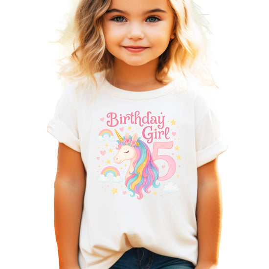 Girls 5th birthday unicorn shirt with rainbow mane and Birthday Girl text on white background