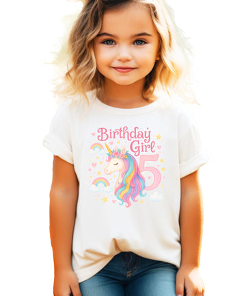 Girls 5th birthday unicorn shirt with rainbow mane and Birthday Girl text on white background