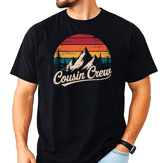 Back view of Cousin Crew mountain shirt showing full graphic design and fit