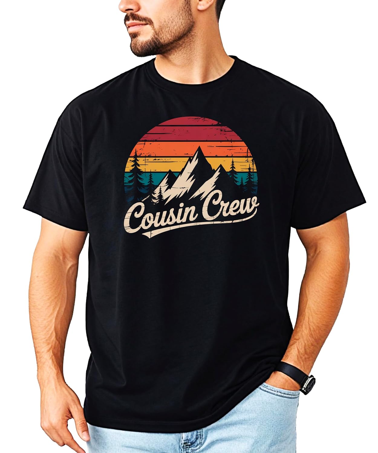 Back view of Cousin Crew mountain shirt showing full graphic design and fit