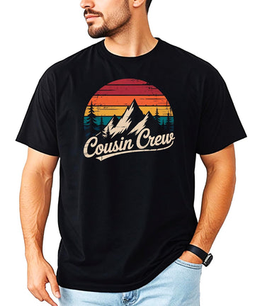 Back view of Cousin Crew mountain shirt showing full graphic design and fit