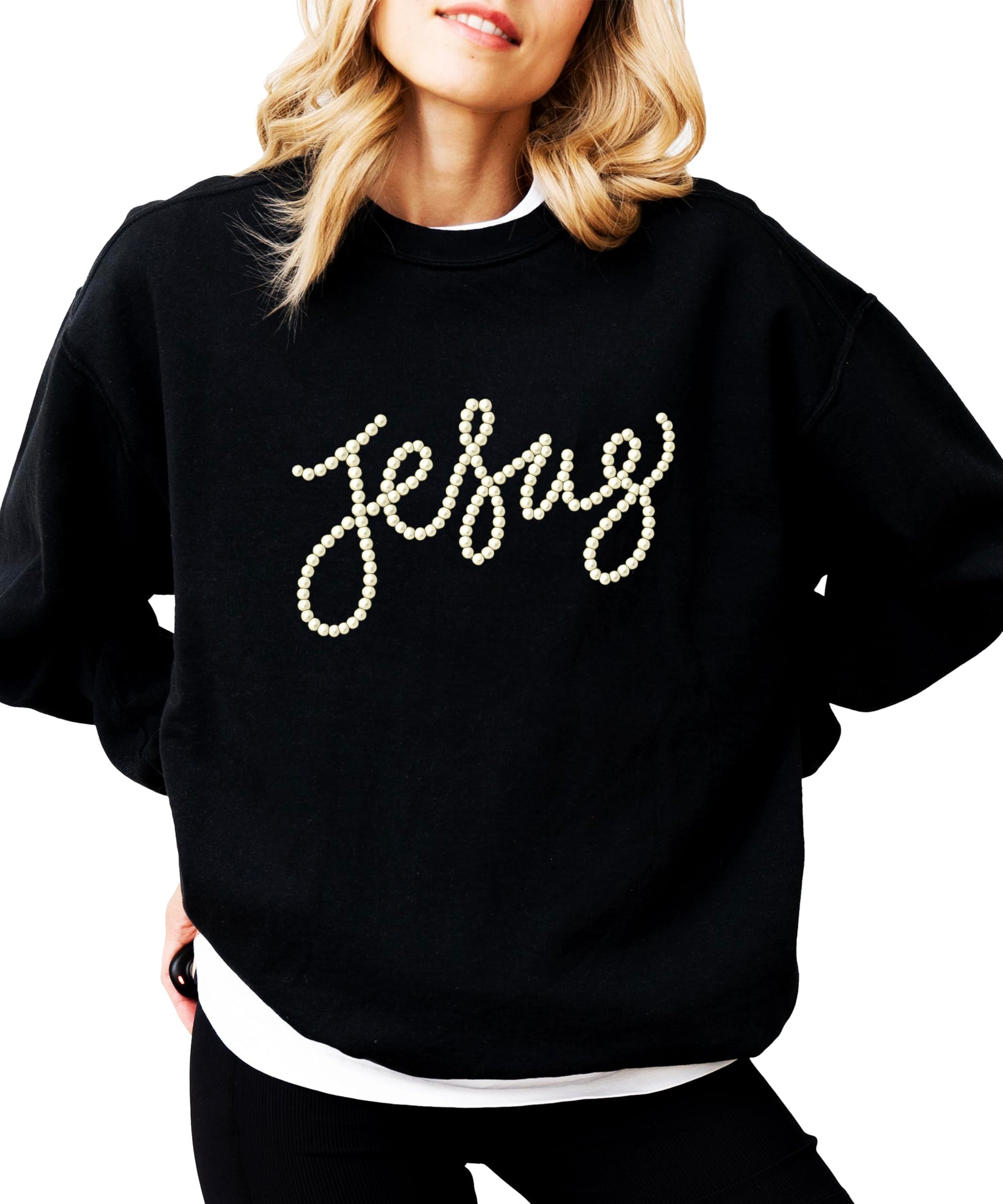 Close-up of pearl-style Jesus script text on army green crewneck sweatshirt