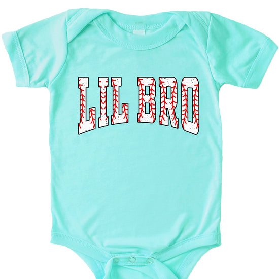 White baby bodysuit with Lil Bro text in varsity style lettering with baseball stitching details