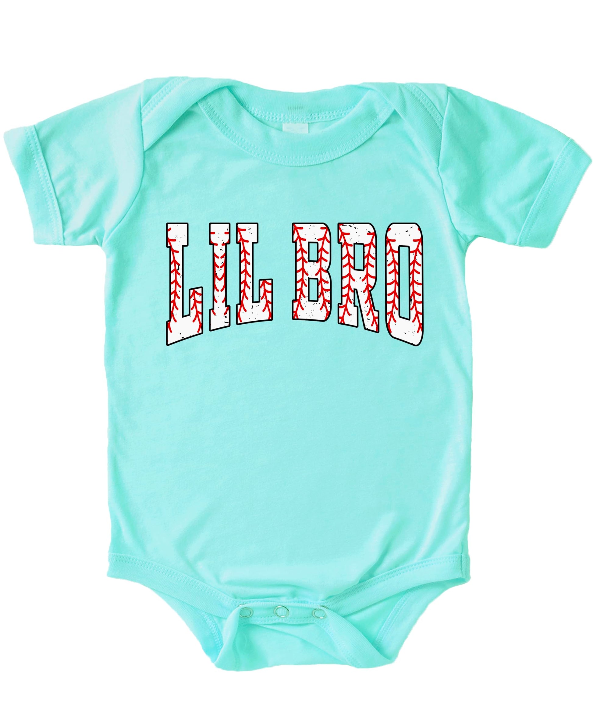 White baby bodysuit with Lil Bro text in varsity style lettering with baseball stitching details