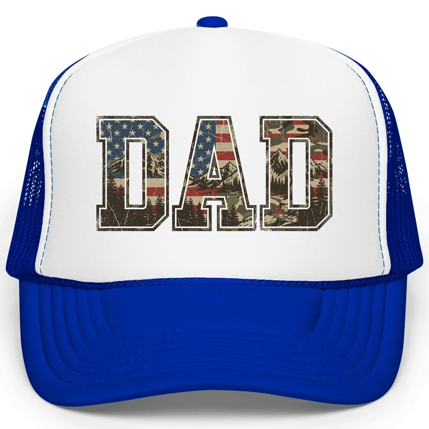 Front angle view of white and black patriotic dad trucker hat with American flag mountain design