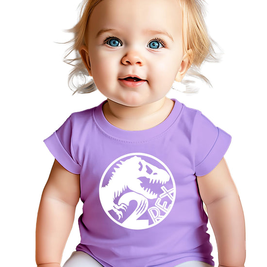 Toddler wearing black 2 Rex 2nd birthday T-Rex dinosaur party shirt lifestyle photo