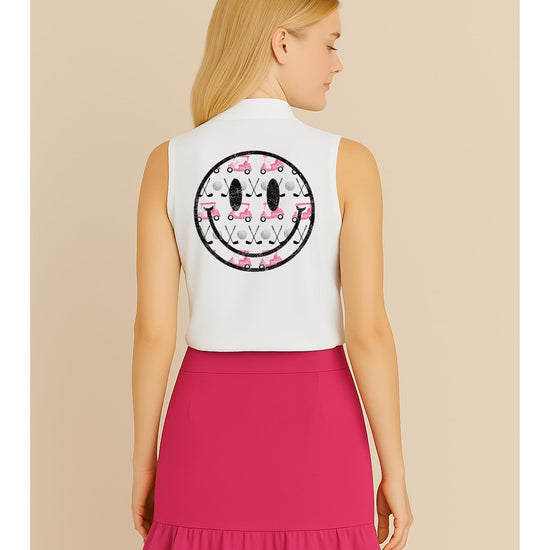 Flat lay of women's golf polo displaying full cart and clubs design