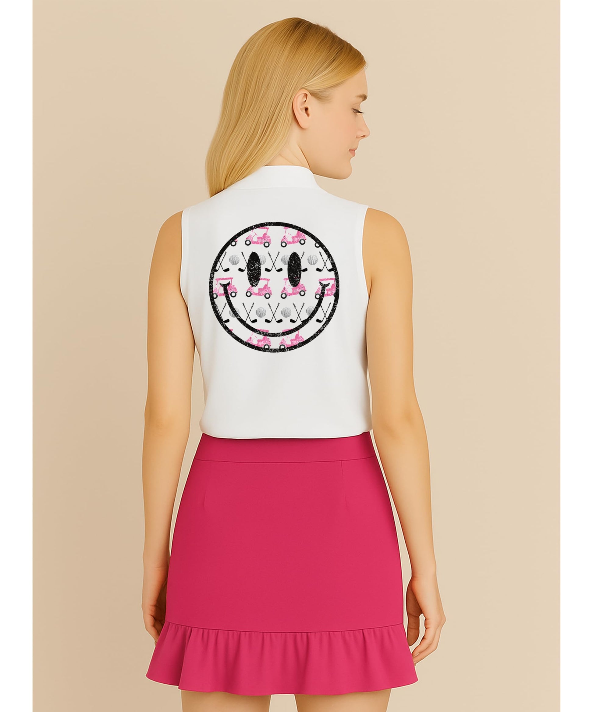 Flat lay of women's golf polo displaying full cart and clubs design