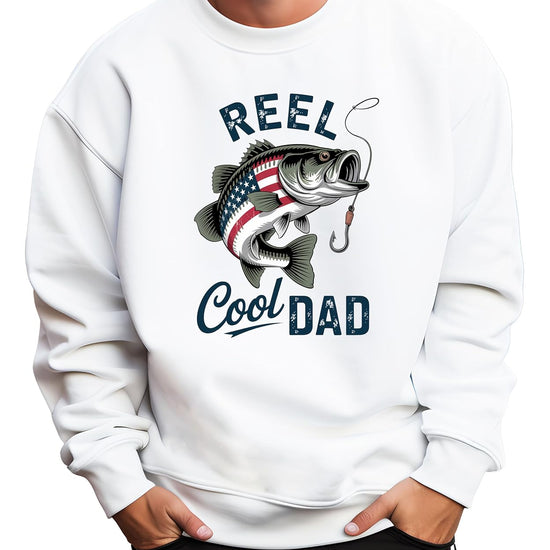Reel Cool Dad sweatshirt flat lay showing full design and crewneck style