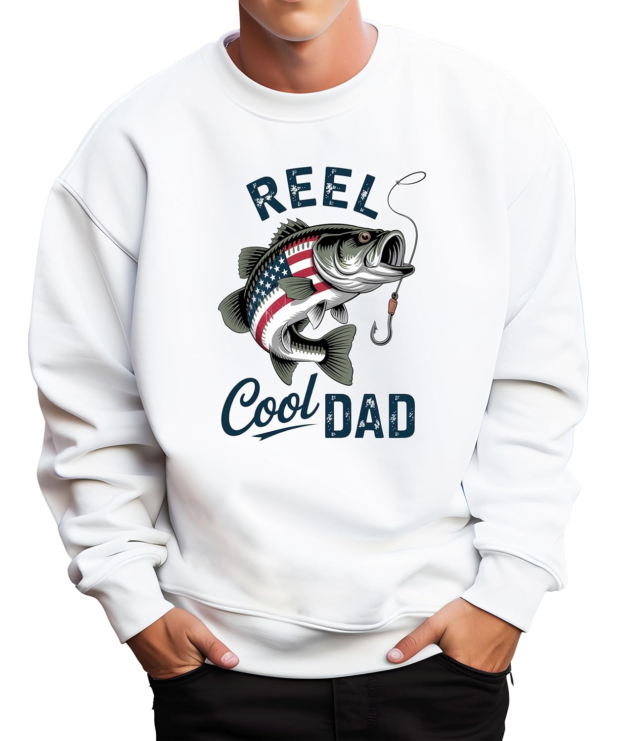 Reel Cool Dad sweatshirt flat lay showing full design and crewneck style