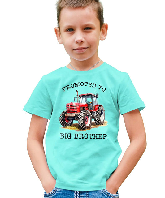 Natural colored boys tee with red tractor and Promoted to Big Brother text graphic
