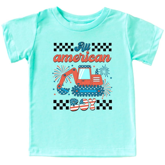 All American Boy graphic tee with patriotic excavator design in red, white and blue on natural shirt
