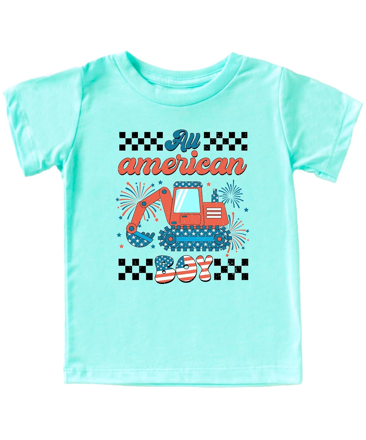 All American Boy graphic tee with patriotic excavator design in red, white and blue on natural shirt