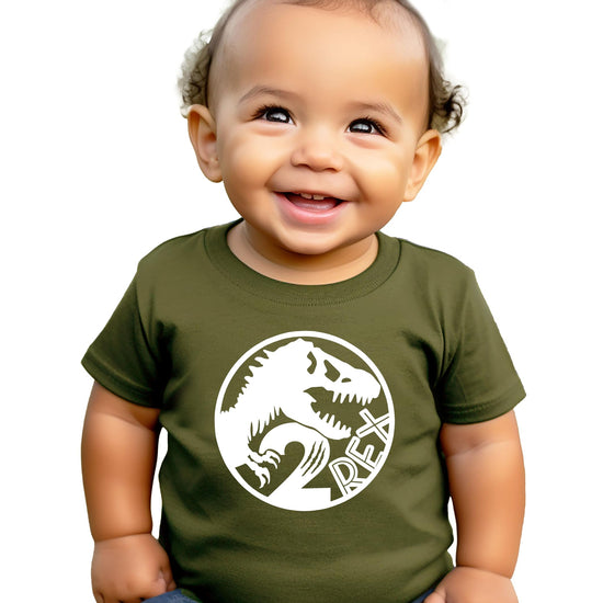 Close-up view of 2 Rex dinosaur birthday shirt showing detailed T-Rex graphic and text design