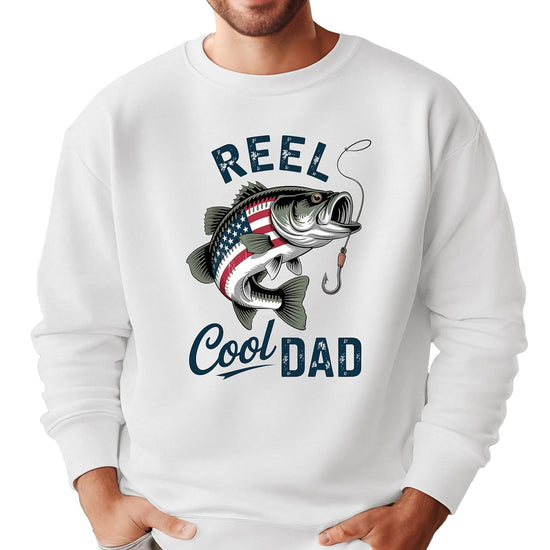 Size chart and color options for Reel Cool Dad fishing sweatshirt