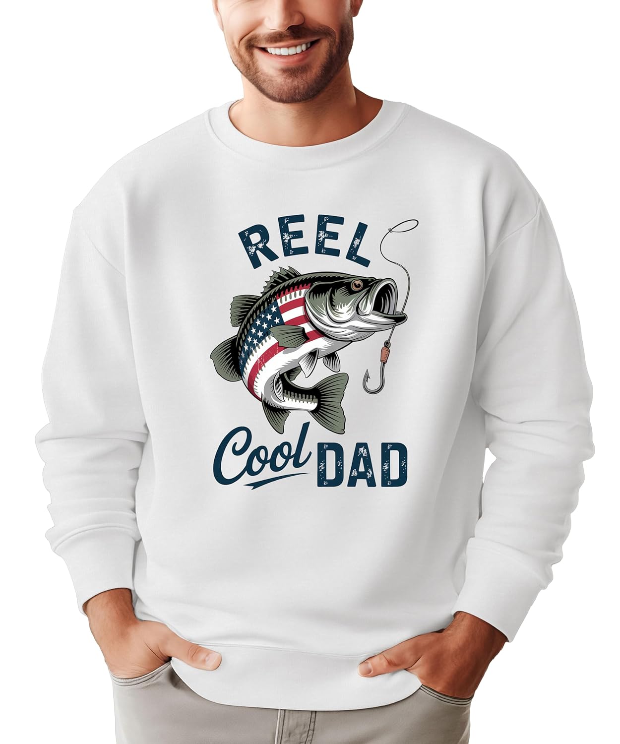 Size chart and color options for Reel Cool Dad fishing sweatshirt