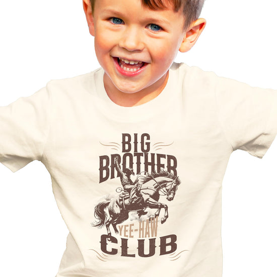Big Brother Club western cowboy shirt with yee haw text and cowboy boot graphics