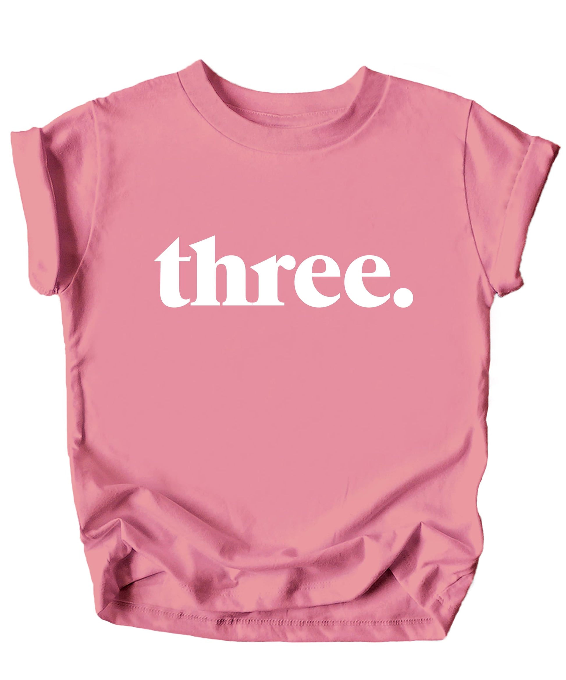 Close-up view of Three Period typography on black toddler birthday shirt