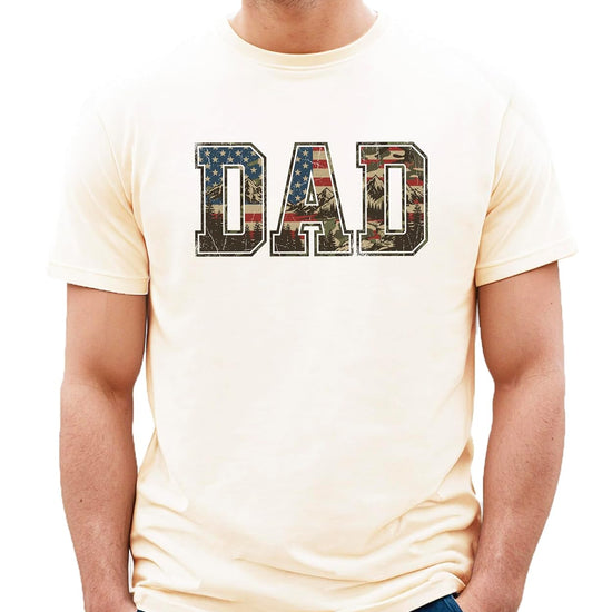 Side angle view of patriotic dad graphic tee showing shirt fit and design placement