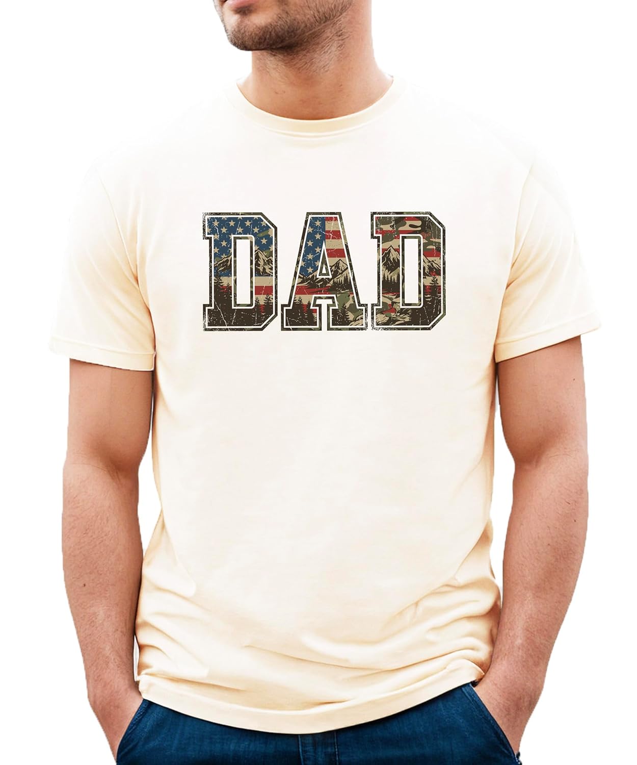 Side angle view of patriotic dad graphic tee showing shirt fit and design placement