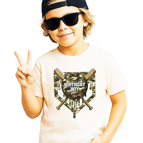 Side view of boys camo baseball birthday shirt showing fit and style
