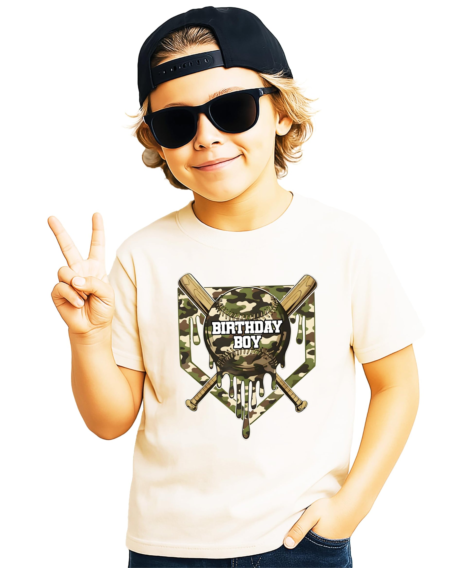 Side view of boys camo baseball birthday shirt showing fit and style