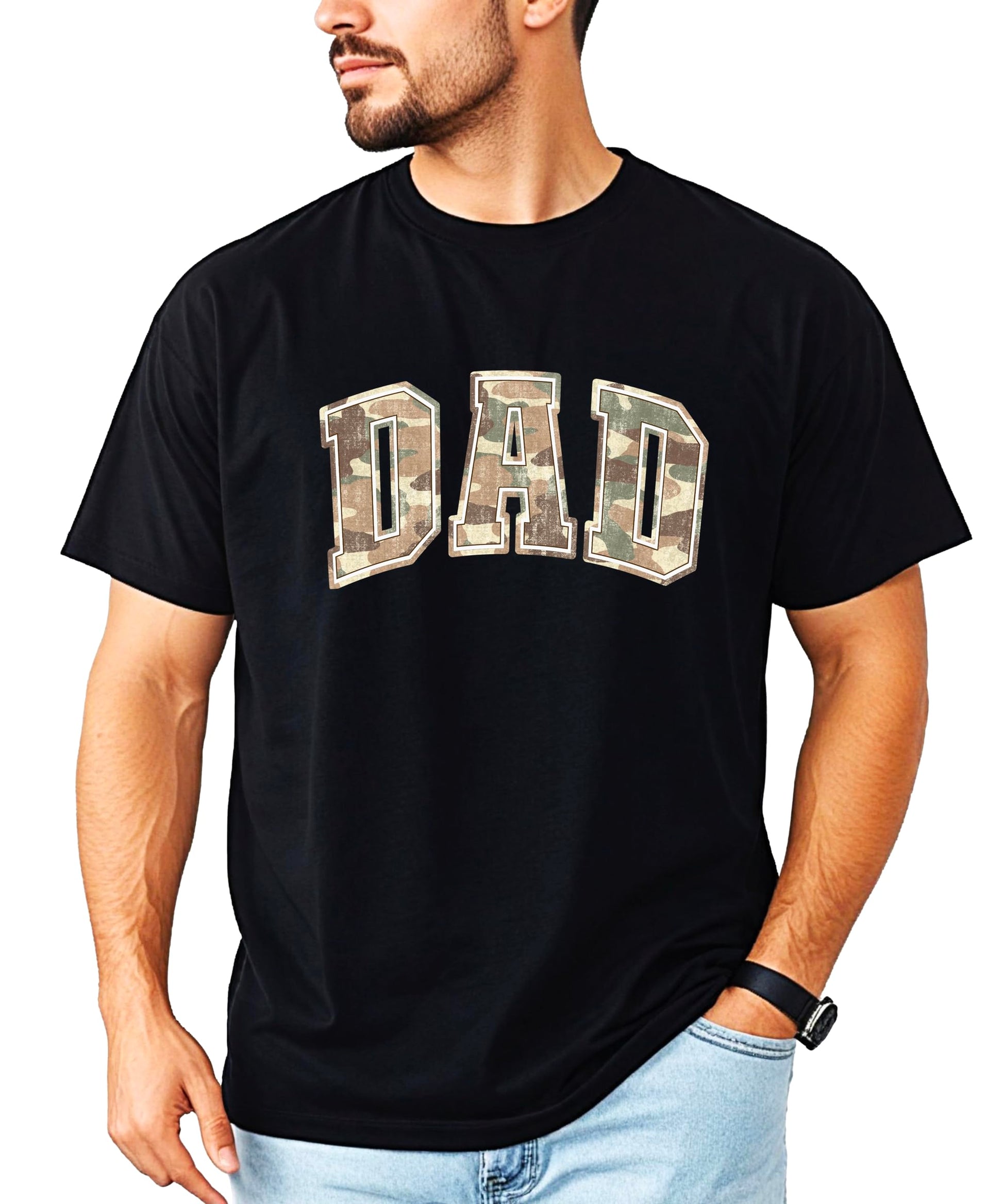 Black t-shirt with retro camo DAD graphic design for men