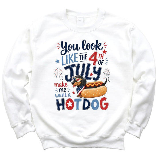 Model wearing You Look Like the 4th of July dachshund sweatshirt showing fit and style