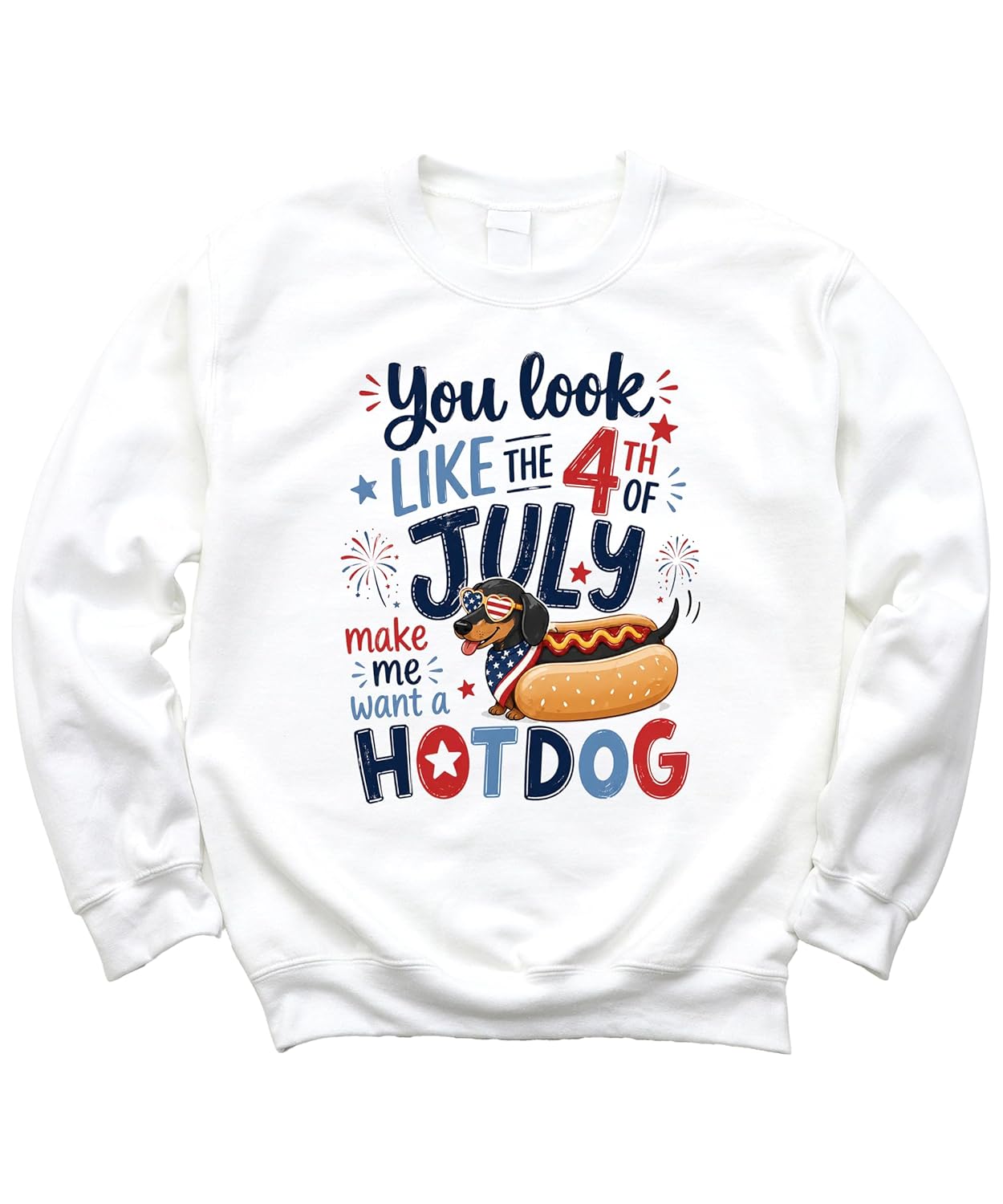 Model wearing You Look Like the 4th of July dachshund sweatshirt showing fit and style
