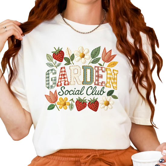 Women's Garden Social Club shirt flat lay showing full design and shirt details