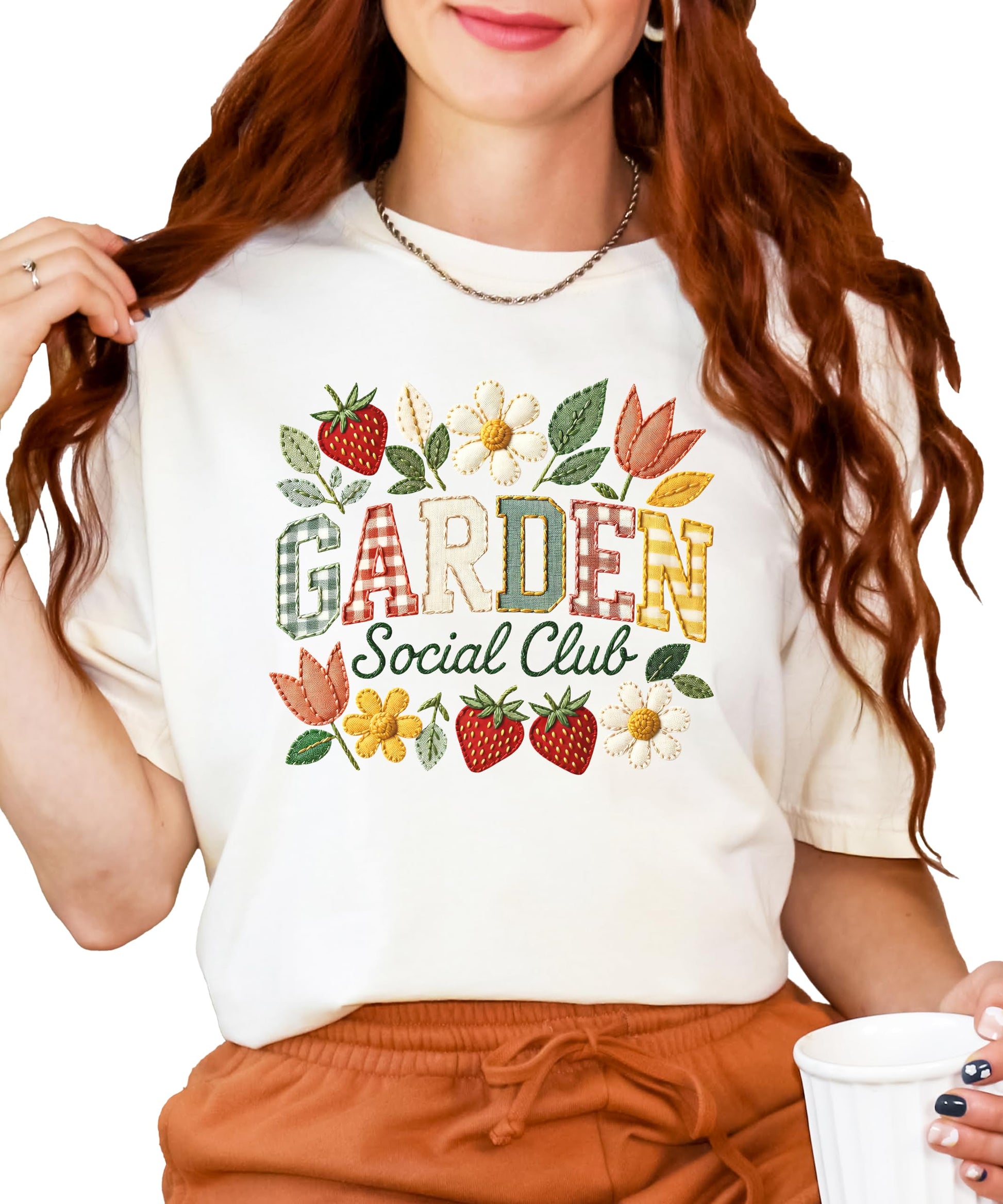 Women's Garden Social Club shirt flat lay showing full design and shirt details