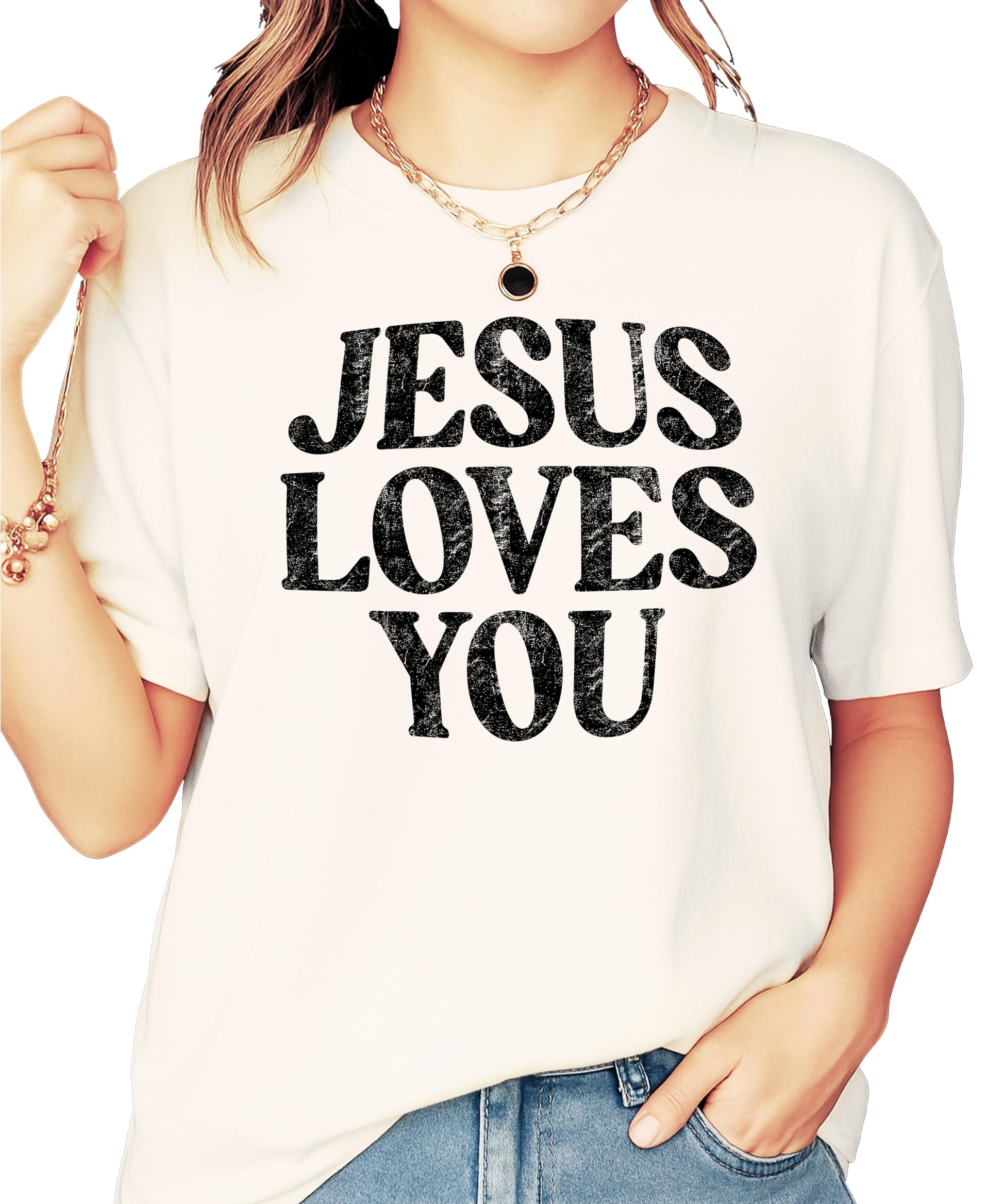 Close-up detail of Jesus Loves You distressed text design on blue jean colored shirt