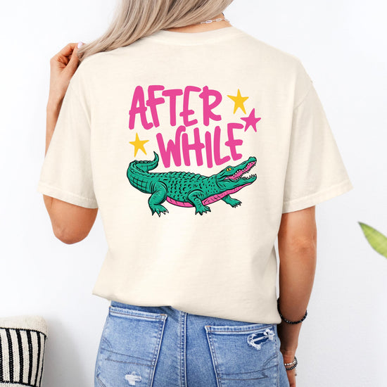 Close-up detail of Later Gator graphic print quality on women's shirt