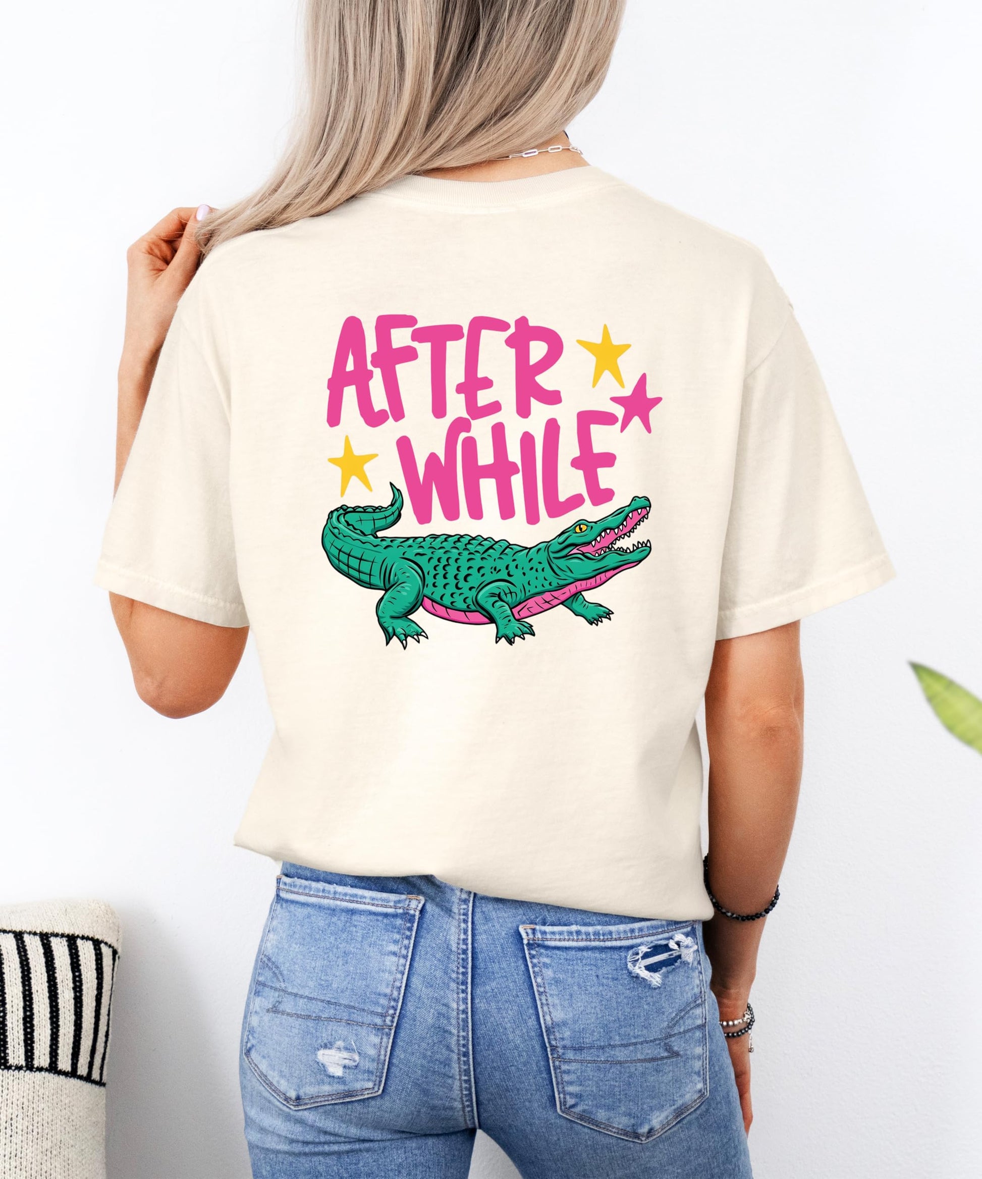 Close-up detail of Later Gator graphic print quality on women's shirt