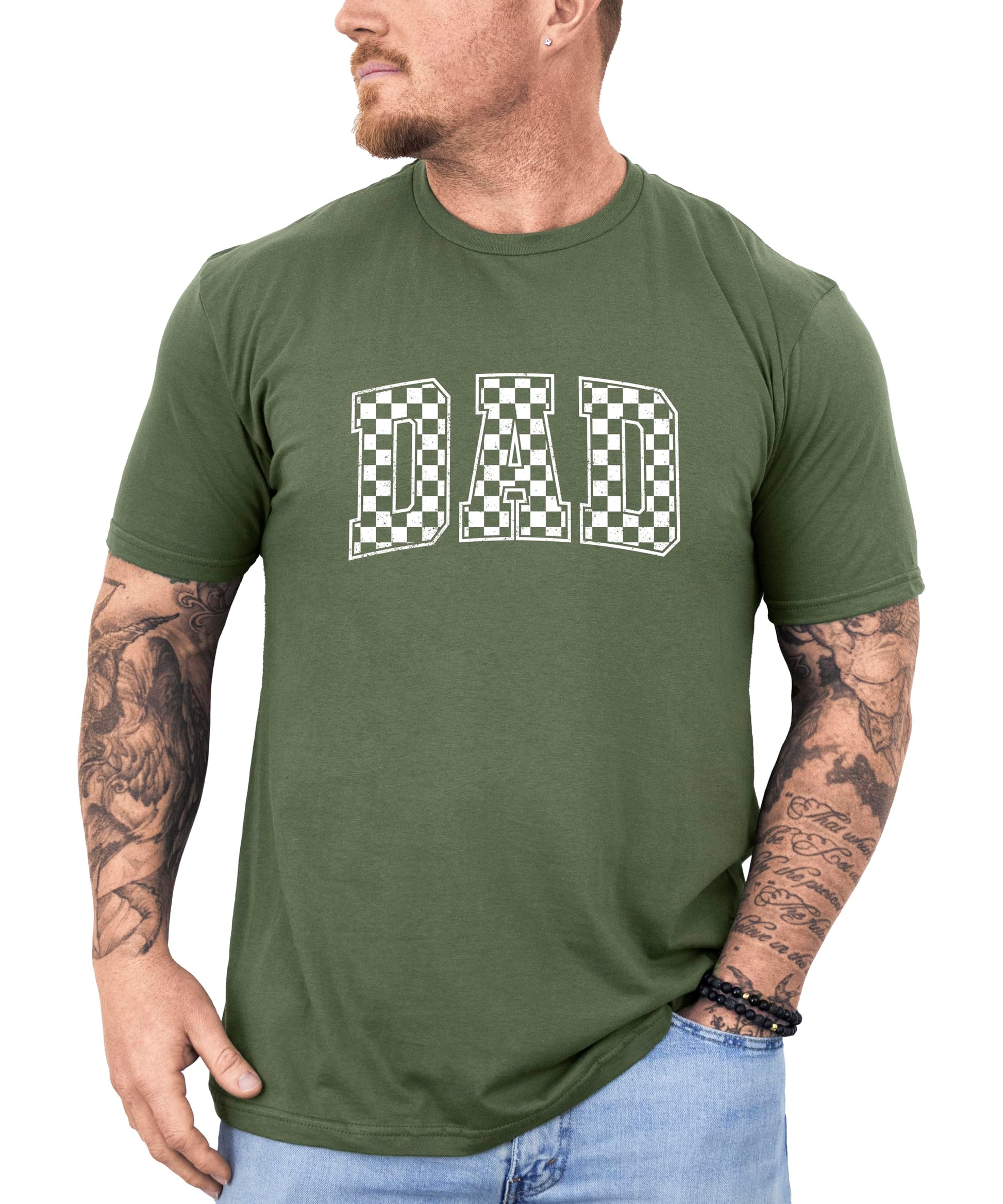 Side angle view of checkered DAD men's graphic t-shirt showing fit and style