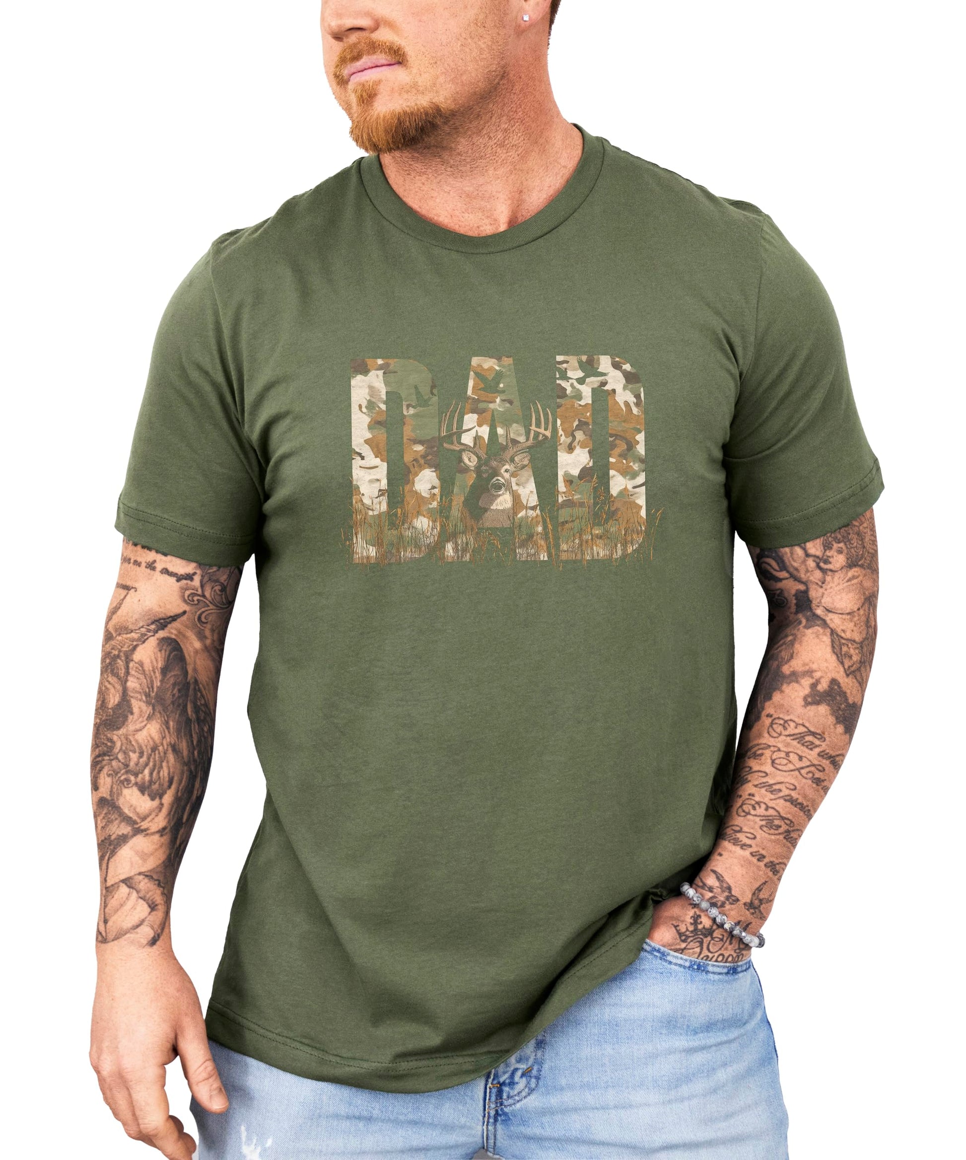 Product mockup of camo DAD deer hunting graphic tee on black shirt background