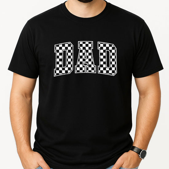 Flat lay product shot of checkered DAD men's graphic t-shirt