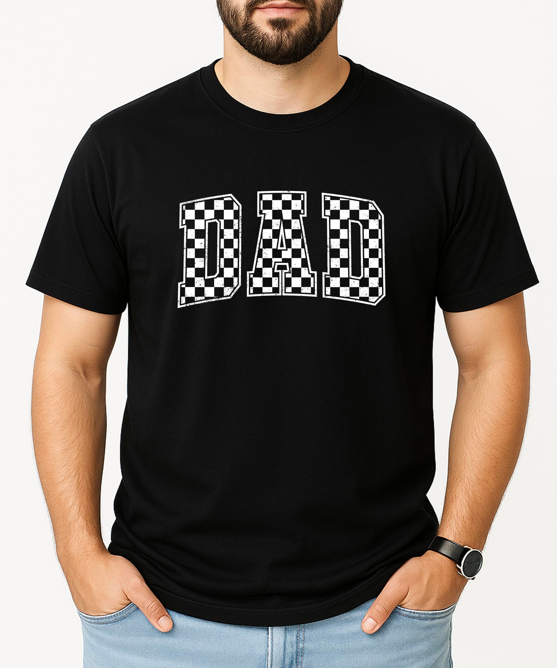 Flat lay product shot of checkered DAD men's graphic t-shirt