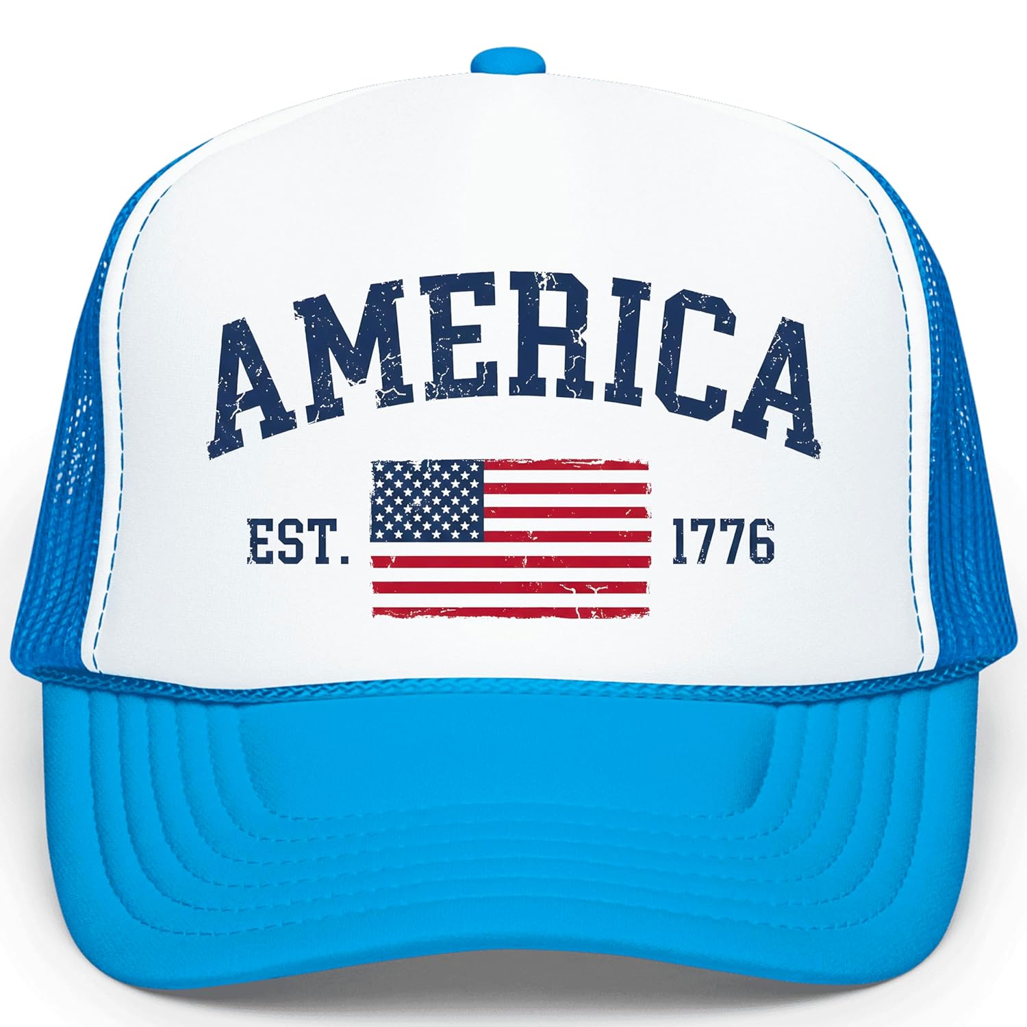 Close-up of America Est 1776 trucker hat showing vintage flag graphic and snapback closure