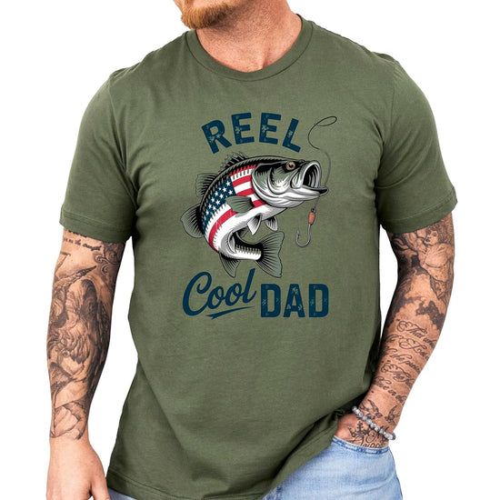 Full front view of natural colored fishing dad graphic tee on model