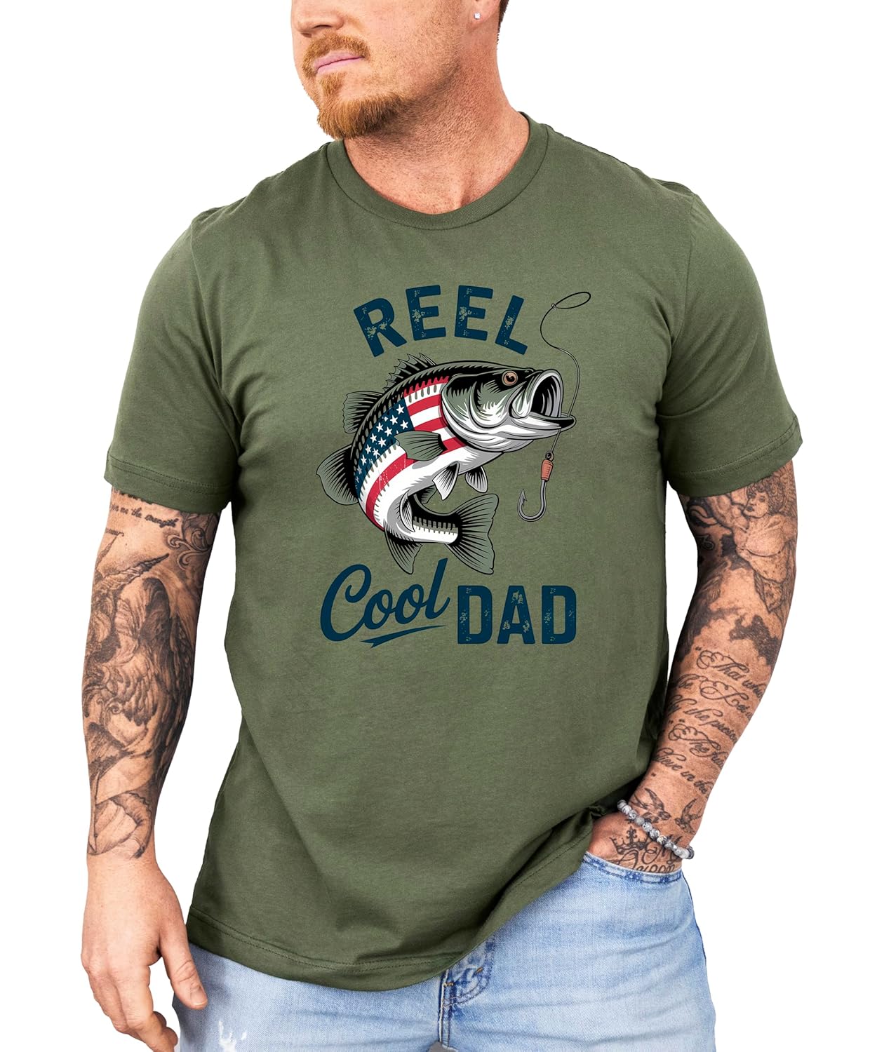 Full front view of natural colored fishing dad graphic tee on model