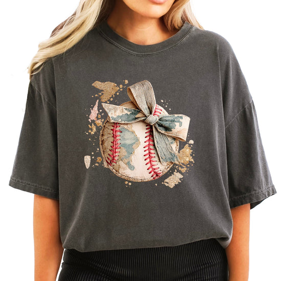 Side view of women's baseball game day t-shirt displaying relaxed fit and graphic placement