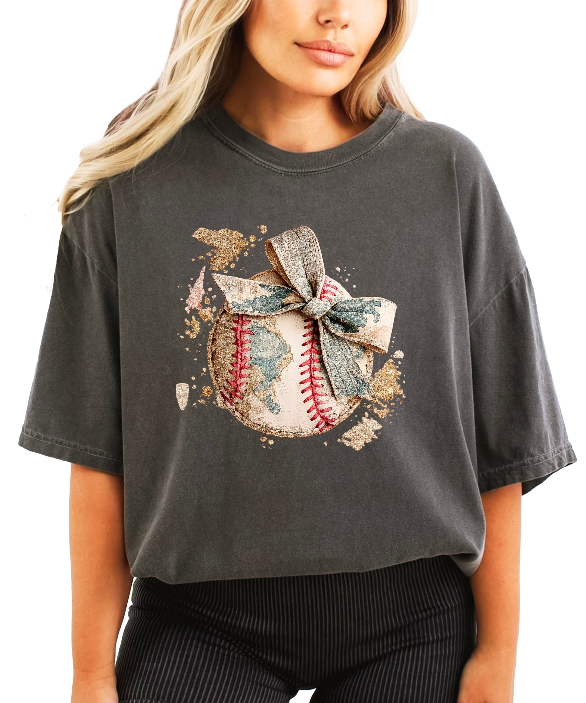Side view of women's baseball game day t-shirt displaying relaxed fit and graphic placement